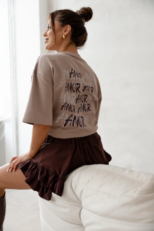 T-shirt bluzka MILUNA – AMOR gruba bawełna + frotka napisy na bluzce kolor Fango rozmiar Uni ponadczasowy look