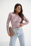 Bluzka siatka BLOOM – PRINT beżowo kwiatowy print z przeszyciami elegancka bluzka siateczkowa S i M
