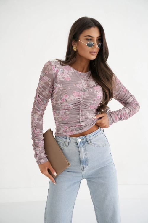 Bluzka siatka BLOOM – PRINT beżowo kwiatowy print z przeszyciami elegancka bluzka siateczkowa S i M