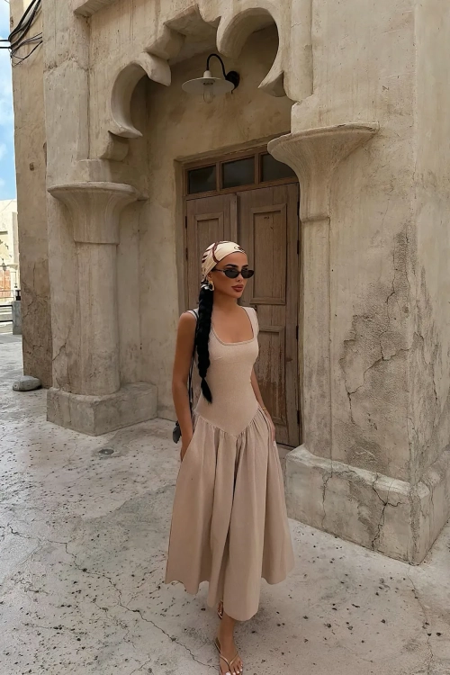 Sukienka lniana z odkrytymi plecami S i M piękna i elegancka DESERT ÉLÉGANCE – Linen Backless Maxi Dress