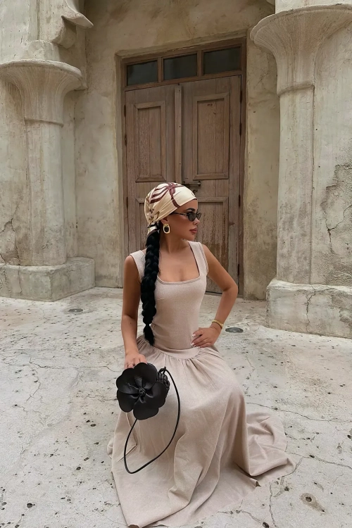 Sukienka lniana z odkrytymi plecami S i M piękna i elegancka DESERT ÉLÉGANCE – Linen Backless Maxi Dress