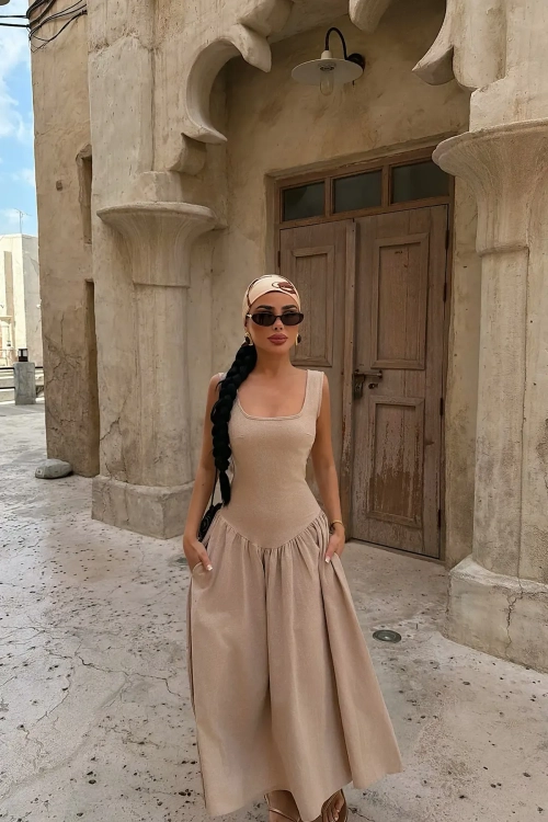 Sukienka lniana z odkrytymi plecami S i M piękna i elegancka DESERT ÉLÉGANCE – Linen Backless Maxi Dress
