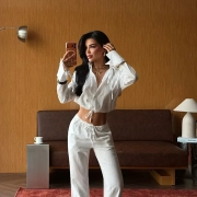 Komplet letni lekki bluzka koszulowa na troczki i spodnie na troczek w pasie biały komplet letni SUNSET MUSE – Linen Effortless Set rozmiar S