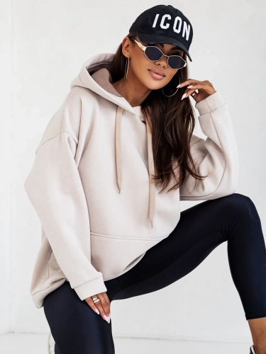 Bluza bawełniana ocieplana Simple dłuższa ciepła bluza na chłodne dni beżowa z kapturem Uni
