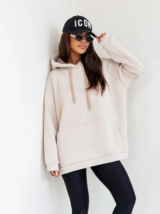 Bluza bawełniana ocieplana Simple dłuższa ciepła bluza na chłodne dni beżowa z kapturem Uni