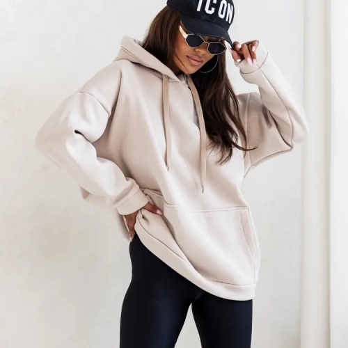 Bluza bawełniana ocieplana Simple dłuższa ciepła bluza na chłodne dni beżowa z kapturem Uni