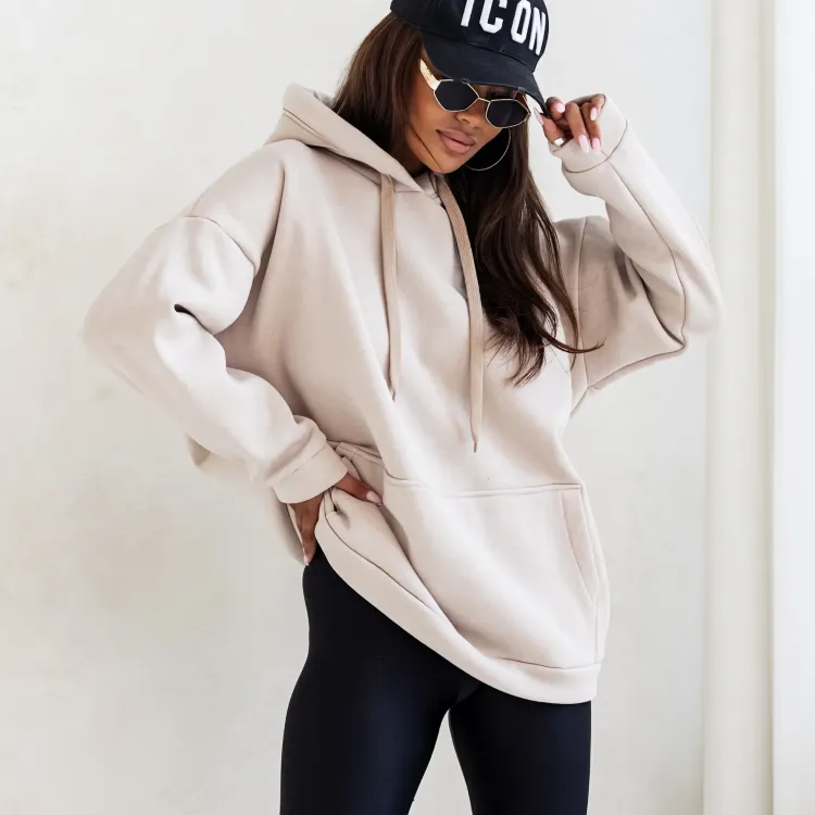 Bluza bawełniana ocieplana Simple dłuższa ciepła bluza na chłodne dni beżowa z kapturem Uni