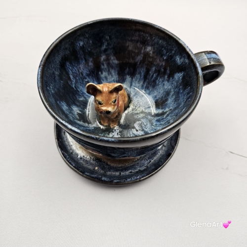 Filiżanka niebieska BULDOG brązowy / karmelowy z pieskiem BULDOŻKIEM ceramiczna ze spodkiem i zwierzakiem w środku ręcznie toczona i malowana elegancka filiżanka z pięknym szkliwem BULDOŻEK FRANCUSKI czarny kubek z pieskiem buldożkiem