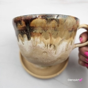 Filiżanka niebiesko - karmelowa BULDOG czarny z pieskiem BULDOŻKIEM ceramiczna ze spodkiem i zwierzakiem w środku ręcznie toczona i malowana elegancka filiżanka z pięknym szkliwem BULDOŻEK FRANCUSKI czarny kubek z pieskiem buldożkiem