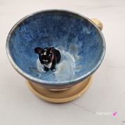 Filiżanka niebiesko - karmelowa BULDOG czarny z pieskiem BULDOŻKIEM ceramiczna ze spodkiem i zwierzakiem w środku ręcznie toczona i malowana elegancka filiżanka z pięknym szkliwem BULDOŻEK FRANCUSKI czarny kubek z pieskiem buldożkiem