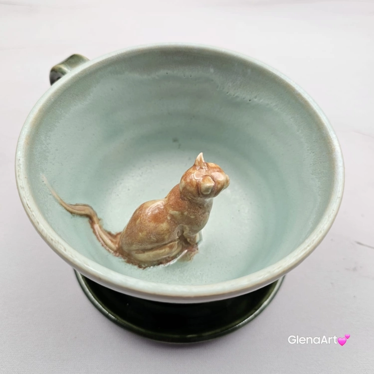 Filiżanka KOT zieleń butelkowa i seledyn z karmelowym kotem ceramiczna ze spodkiem i figurką KOTA w środku ręcznie toczona i malowana ze spodkiem przenikające się szkliwa KOTEK kubek kot
