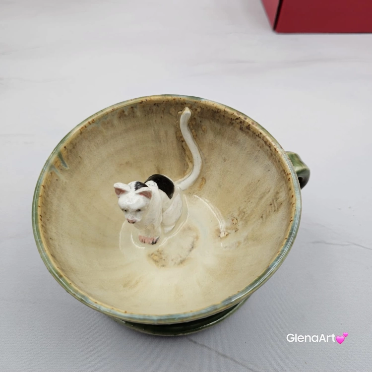Filiżanka KOT biały NIEIDEALNA ceramiczna ze spodkiem z KOTEM w środku ręcznie toczona i malowana w kolorach zielonych niebieskich brązach i beżach oraz biały kot kubek