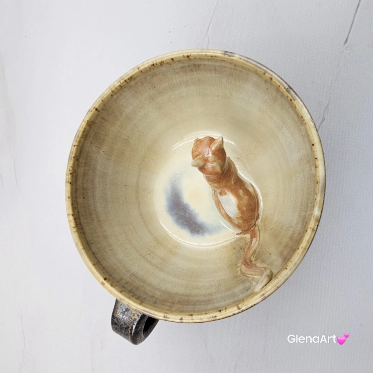 Ceramika filiżanka ceramiczna z kotem karmelowym i ze spodkiem i figurką kotka wewnątrz filiżanki ręcznie toczona i malowana w kolorze metalicznego grafitu ceramika użytkowa kubek z kotem w filiżance filiżanka kot piękna ceramika