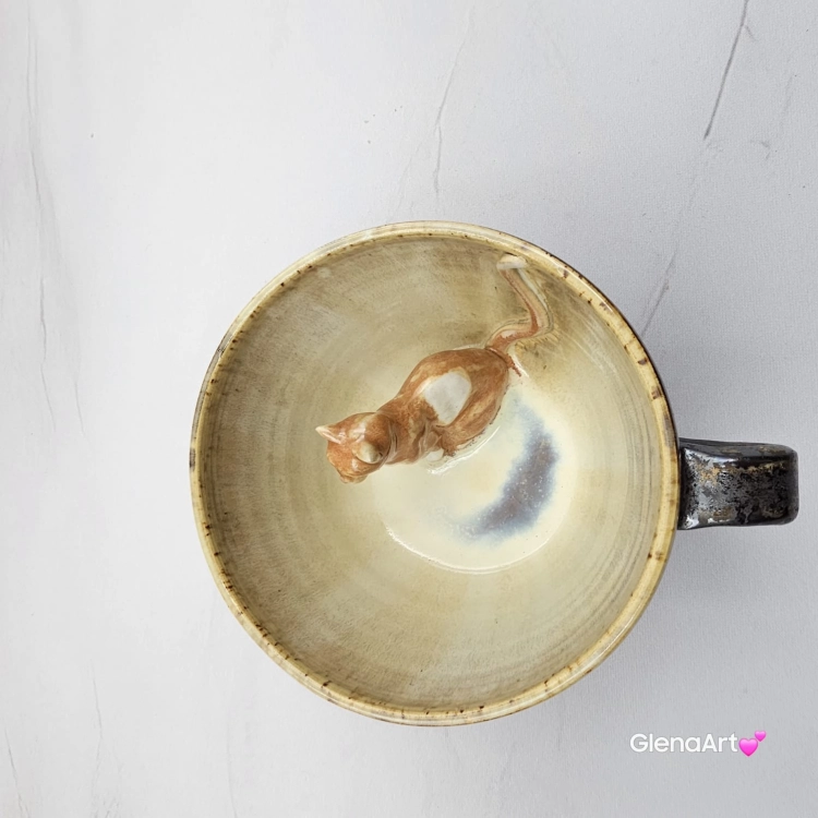 Ceramika filiżanka ceramiczna z kotem karmelowym i ze spodkiem i figurką kotka wewnątrz filiżanki ręcznie toczona i malowana w kolorze metalicznego grafitu ceramika użytkowa kubek z kotem w filiżance filiżanka kot piękna ceramika