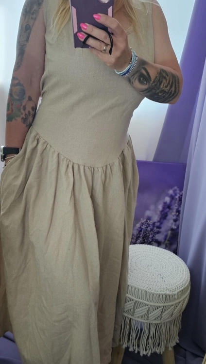 Sukienka lniana z odkrytymi plecami S i M piękna i elegancka DESERT ÉLÉGANCE – Linen Backless Maxi Dress