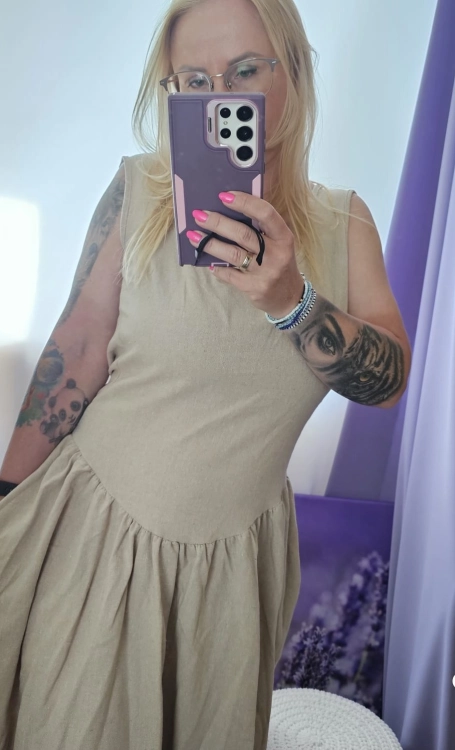 Sukienka lniana z odkrytymi plecami S i M piękna i elegancka DESERT ÉLÉGANCE – Linen Backless Maxi Dress
