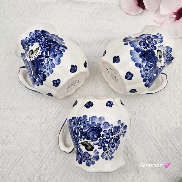Kubek ceramiczny niebieski z ptaszkiem kobaltowy Fajans Włocławek 550 ml z ptaszkiem malowany ręcznie kubek z motywem kwiatowym niebieskim kubek w kwiaty