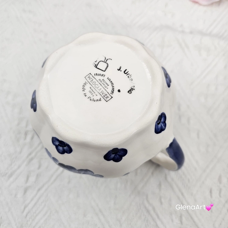 Kubek ceramiczny niebieski z ptaszkiem kobaltowy Fajans Włocławek 550 ml z ptaszkiem malowany ręcznie kubek z motywem kwiatowym niebieskim kubek w kwiaty