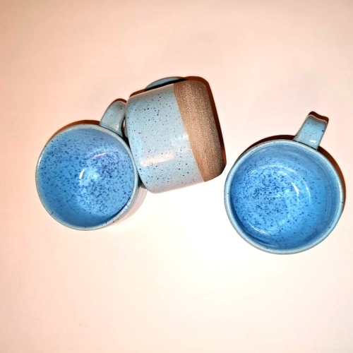Piękny kubek ceramiczny nakrapiany błękitno - szary - 150 ml z uchem ręczni toczony