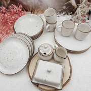 Zestaw zastawa ceramiczna rustykalna komplet stołowy kera Still Rustic Krem Kera nakrapiana 19 częściowy zestaw na prezent na ślub wesele komplet ceramiki