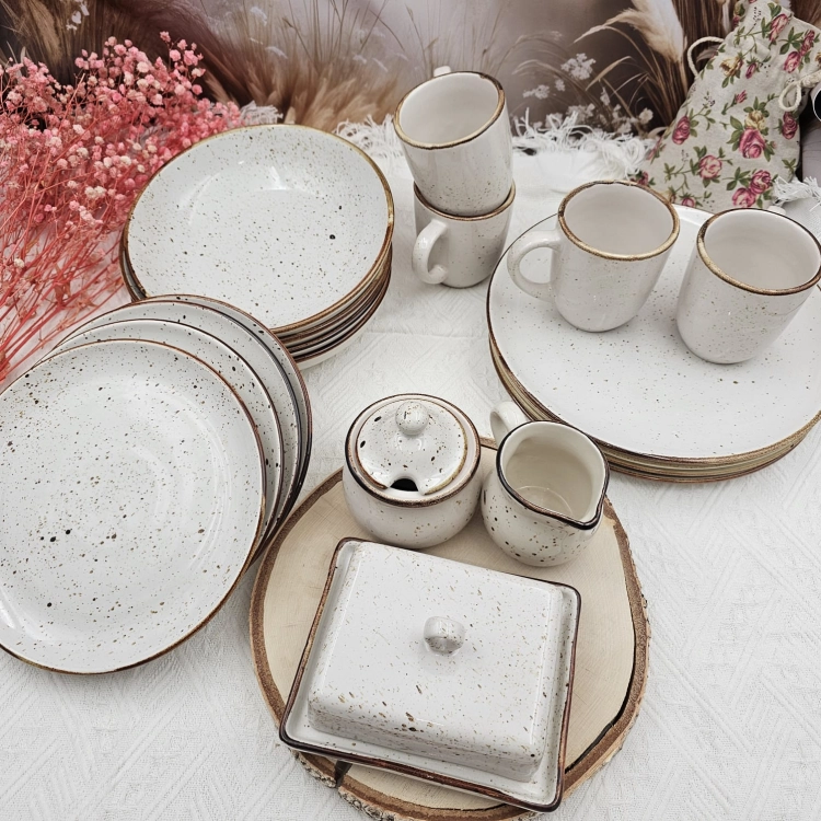 Zestaw zastawa ceramiczna rustykalna komplet stołowy kera Still Rustic Krem Kera nakrapiana 19 częściowy zestaw na prezent na ślub wesele komplet ceramiki