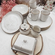 Zestaw zastawa ceramiczna rustykalna komplet stołowy kera Still Rustic Krem Kera nakrapiana 19 częściowy zestaw na prezent na ślub wesele komplet ceramiki