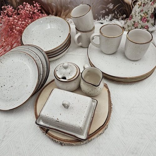 Zestaw zastawa ceramiczna rustykalna komplet stołowy kera Still Rustic Krem Kera nakrapiana 19 częściowy zestaw na prezent na ślub wesele komplet ceramiki