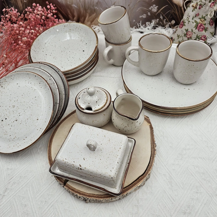 Zestaw zastawa ceramiczna rustykalna komplet stołowy kera Still Rustic Krem Kera nakrapiana 19 częściowy zestaw na prezent na ślub wesele komplet ceramiki