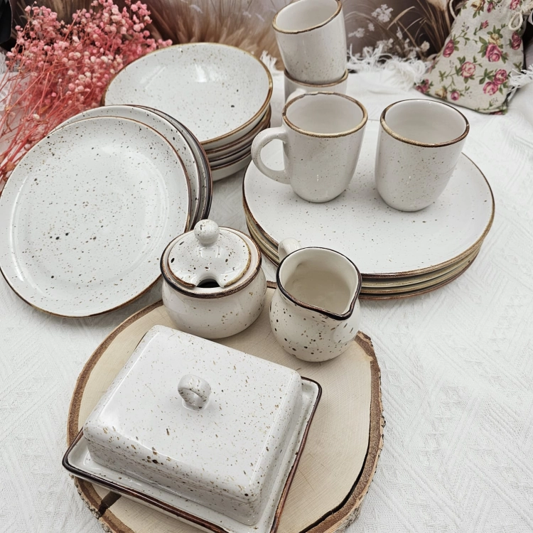 Zestaw zastawa ceramiczna rustykalna komplet stołowy kera Still Rustic Krem Kera nakrapiana 19 częściowy zestaw na prezent na ślub wesele komplet ceramiki