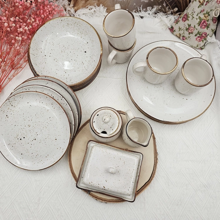 Zestaw zastawa ceramiczna rustykalna komplet stołowy kera Still Rustic Krem Kera nakrapiana 19 częściowy zestaw na prezent na ślub wesele komplet ceramiki
