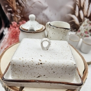 Zestaw zastawa stołowa ceramiczna rustykalna komplet stołowy maselnica cukiernica mlecznik kera Still Rustic Krem nakrapiana 3 częściowy zestaw na prezent komplet ceramiki ST