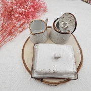Zestaw 3 - części zastawa stołowa ceramiczna rustykalna komplet stołowy maselnica cukiernica mlecznik kera Still Rustic Krem nakrapiana 3 częściowy zestaw na prezent komplet ceramiki NW