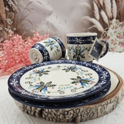 Zestaw kaszubski komplet zastawa stołowa 4 - częściowa dla 2 osób talerzyki ceramiczne i kubki folkowe kaszubski śniadaniowy kaszubek i kubek bel ceramiczny kaszubska ceramika ręcznie zdobiona Arbata 320 ml na prezent