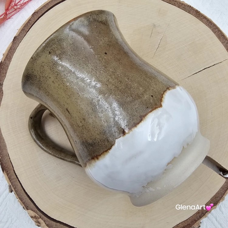 Kubek beczułka MAX duży ceramiczny Glena Art kolor ziemi brąz i biel z uszkiem kolory ziemi do kawy herbaty ulubiony kubek ceramiczny ceramika 400 ml