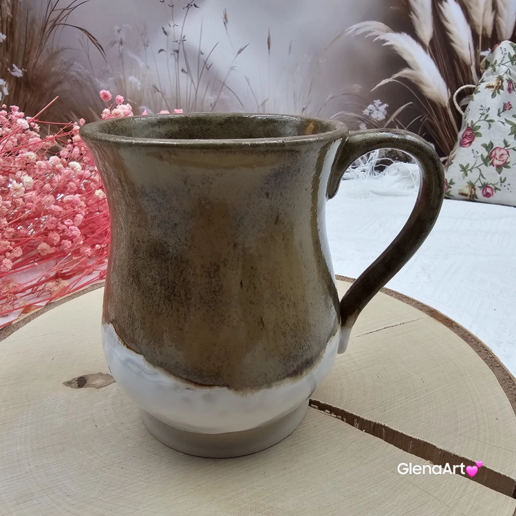Kubek beczułka MAX duży ceramiczny Glena Art kolor ziemi brąz i biel z uszkiem kolory ziemi do kawy herbaty ulubiony kubek ceramiczny ceramika 400 ml