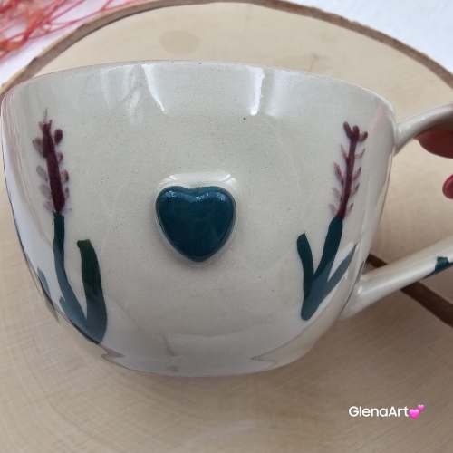 Filiżanka ceramiczna Glena Art ręcznie malowana gałązki lawendy z uszkiem do kawy herbaty ulubiony kubek ceramiczny ceramika 250 ml rękodzieło