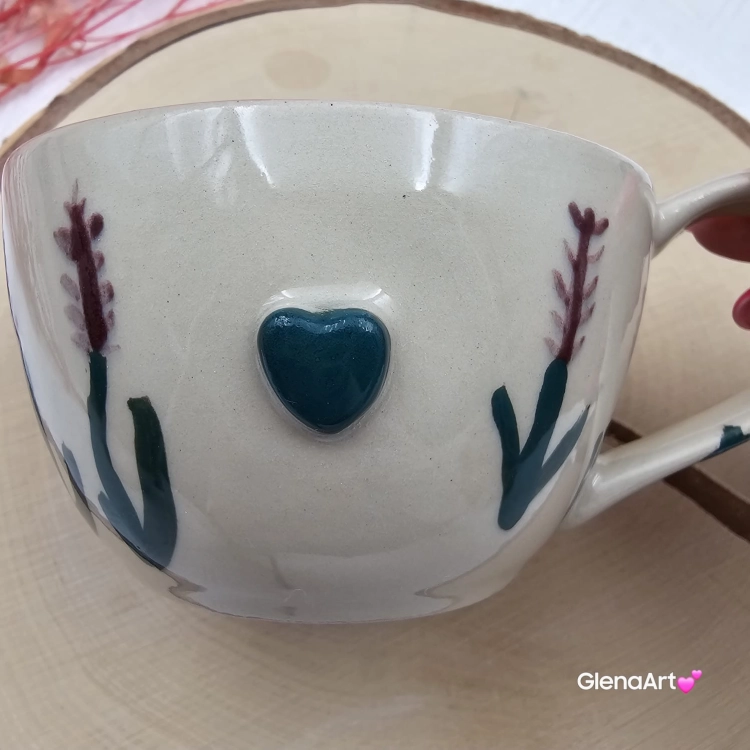 Filiżanka ceramiczna Glena Art ręcznie malowana gałązki lawendy z uszkiem do kawy herbaty ulubiony kubek ceramiczny ceramika 250 ml rękodzieło