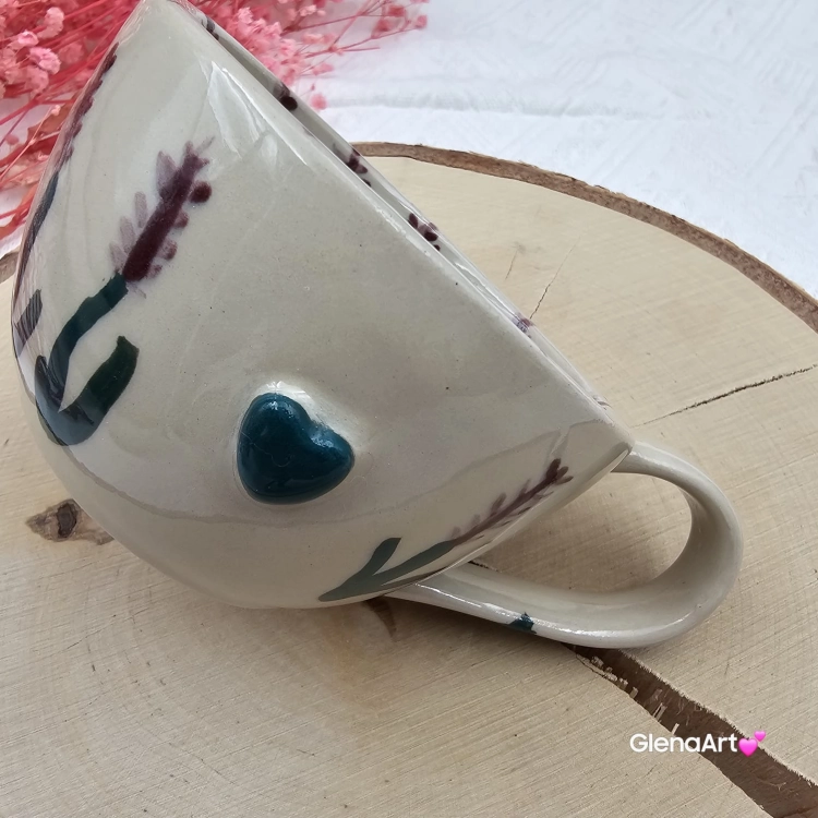 Filiżanka ceramiczna Glena Art ręcznie malowana gałązki lawendy z uszkiem do kawy herbaty ulubiony kubek ceramiczny ceramika 250 ml rękodzieło