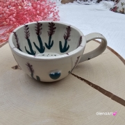 Filiżanka ceramiczna Glena Art ręcznie malowana gałązki lawendy z uszkiem do kawy herbaty ulubiony kubek ceramiczny ceramika 250 ml rękodzieło