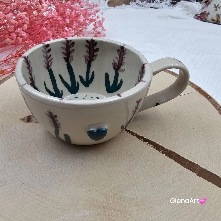 Filiżanka ceramiczna Glena Art ręcznie malowana gałązki lawendy z uszkiem do kawy herbaty ulubiony kubek ceramiczny ceramika 250 ml rękodzieło