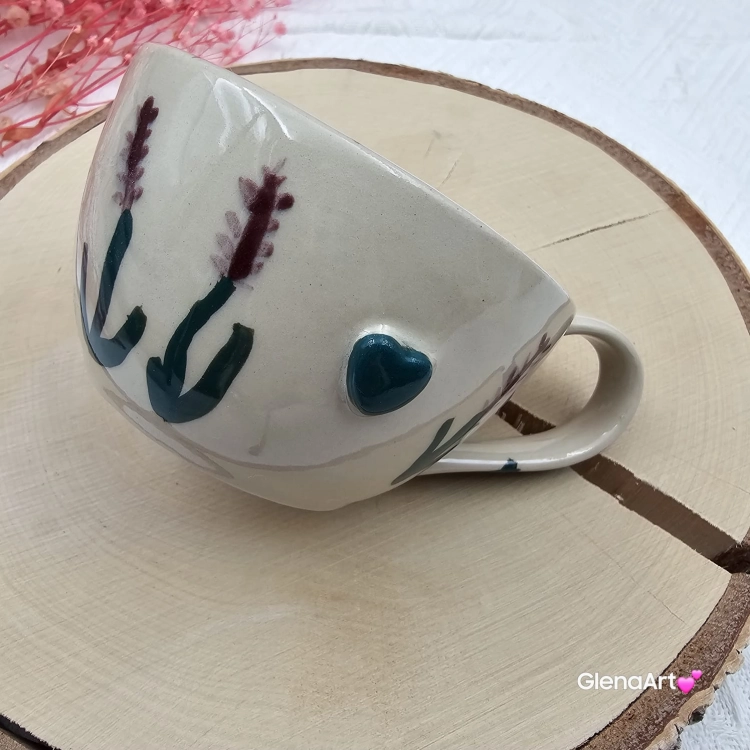 Filiżanka ceramiczna Glena Art ręcznie malowana gałązki lawendy z uszkiem do kawy herbaty ulubiony kubek ceramiczny ceramika 250 ml rękodzieło