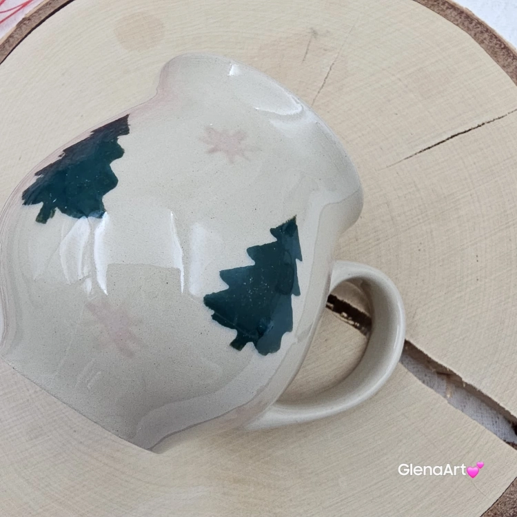 Kubek czeski beczułka choinki świąteczny ceramiczny Glena Art kubek z uszkiem do kawy herbaty ulubiony kubek ceramiczny ceramika 220 ml z choinkami bożonarodzeniowy
