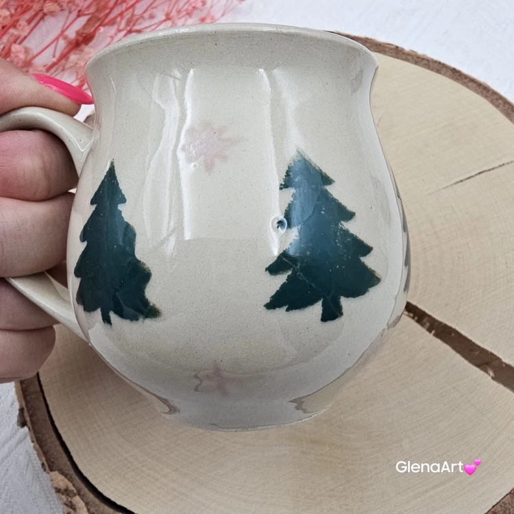 Kubek czeski beczułka choinki świąteczny ceramiczny Glena Art kubek z uszkiem do kawy herbaty ulubiony kubek ceramiczny ceramika 220 ml z choinkami bożonarodzeniowy