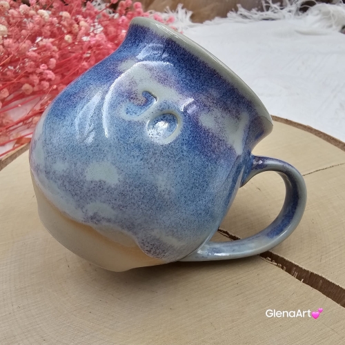 Kubek czeski błękitna chmurka jo ceramiczny Glena Art beczułka niebieska z napisem JO pop kaszubsku tak kubek z uszkiem do kawy herbaty ulubiony kubek ceramiczny ceramika 250 ml jo