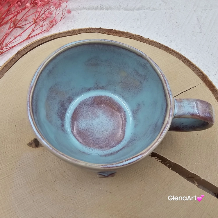 Filiżanka ceramiczna z serduszkiem Glena Art niebieska lawenda z uszkiem do kawy herbaty ulubiony kubek ceramiczny ceramika 250 ml rękodzieło niebieskie kolory i serduszko