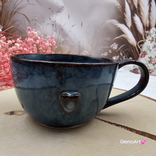 Filiżanka ceramiczna z serduszkiem morska głębia granatowo - brązowa Glena Art z uszkiem do kawy herbaty ulubiony kubek ceramiczny ceramika 250 ml rękodzieło serduszko