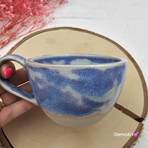 Filiżanka ceramiczna Glena Art niebieska lawenda z uszkiem do kawy herbaty ulubiony kubek ceramiczny ceramika 250 ml rękodzieło niebieskie / fioletowe odcienie
