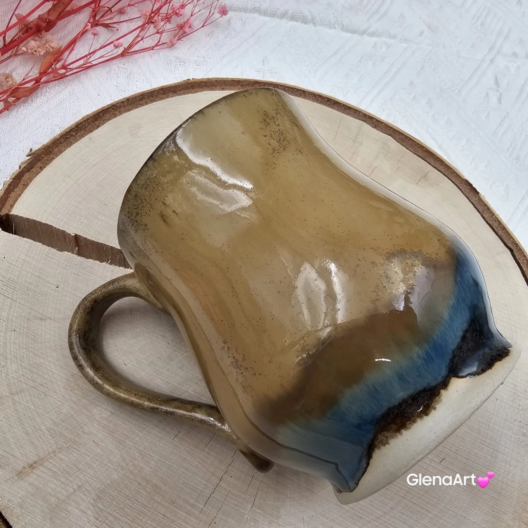 Kubek beczułka MAX duży ceramiczny Glena Art kolor ziemi brąz i granat z uszkiem kolory ziemi do kawy herbaty ulubiony kubek ceramiczny ceramika 400 ml