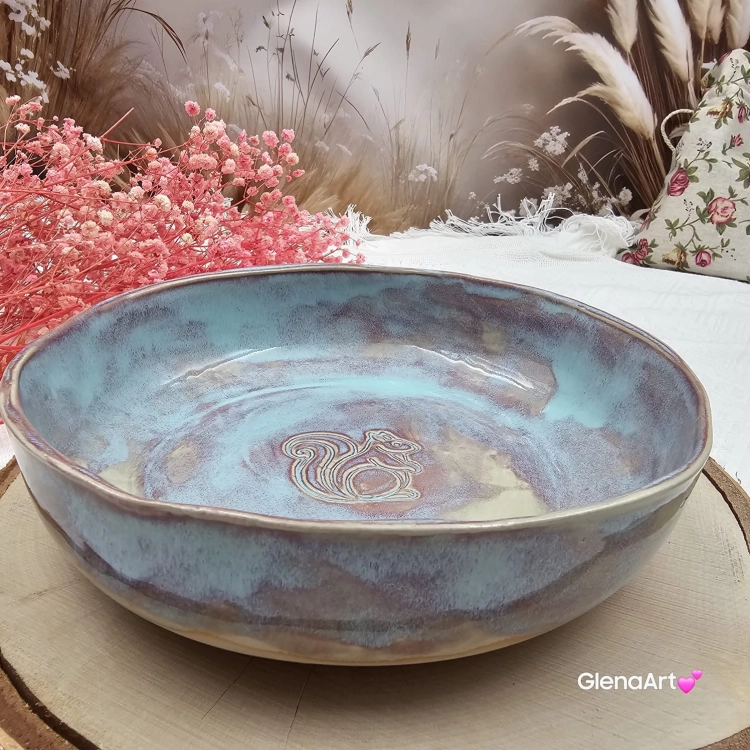 Miska ceramiczna jasna lawenda z wiewiórką Glena Art talerz głęboki na zupę 0,8 l ceramiczny niebieski ceramika rękodzieło ręcznie robiona z formy miska talerz do zupy z jasnej masy kamionkowej jasny niebieski