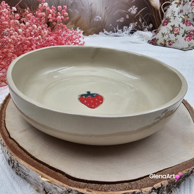 Miska ceramiczna truskawka Glena Art talerz głęboki na zupę 0,8 l ceramiczny ceramika rękodzieło ręcznie robiona z formy miska talerz do zupy z jasnej masy kamionkowej malowana czerwona truskawka